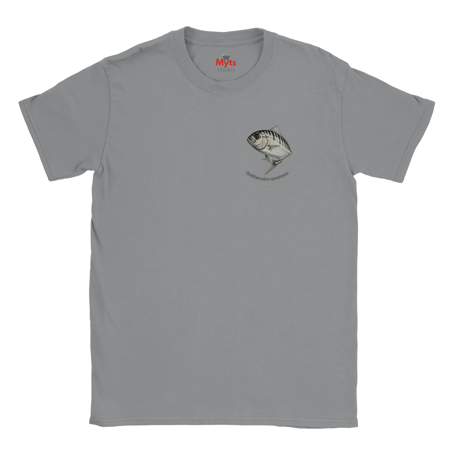 Gray t-shirt with a fish graphic on a white background