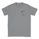 Gray t-shirt with a fish graphic on a white background