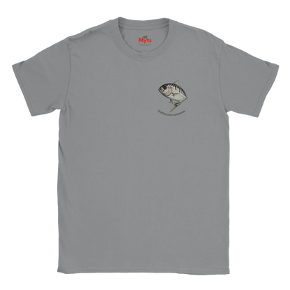 Gray t-shirt with a fish graphic on a white background