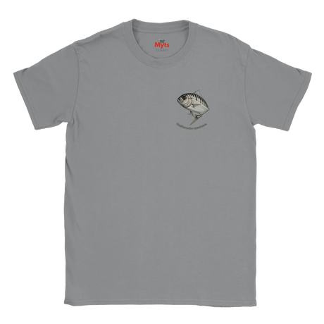 Gray t-shirt with a fish graphic on a white background