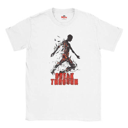 White t-shirt with a graphic of a running person and 'Break Through' text on a white background