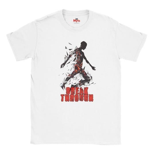White t-shirt with a graphic of a running person and 'Break Through' text on a white background