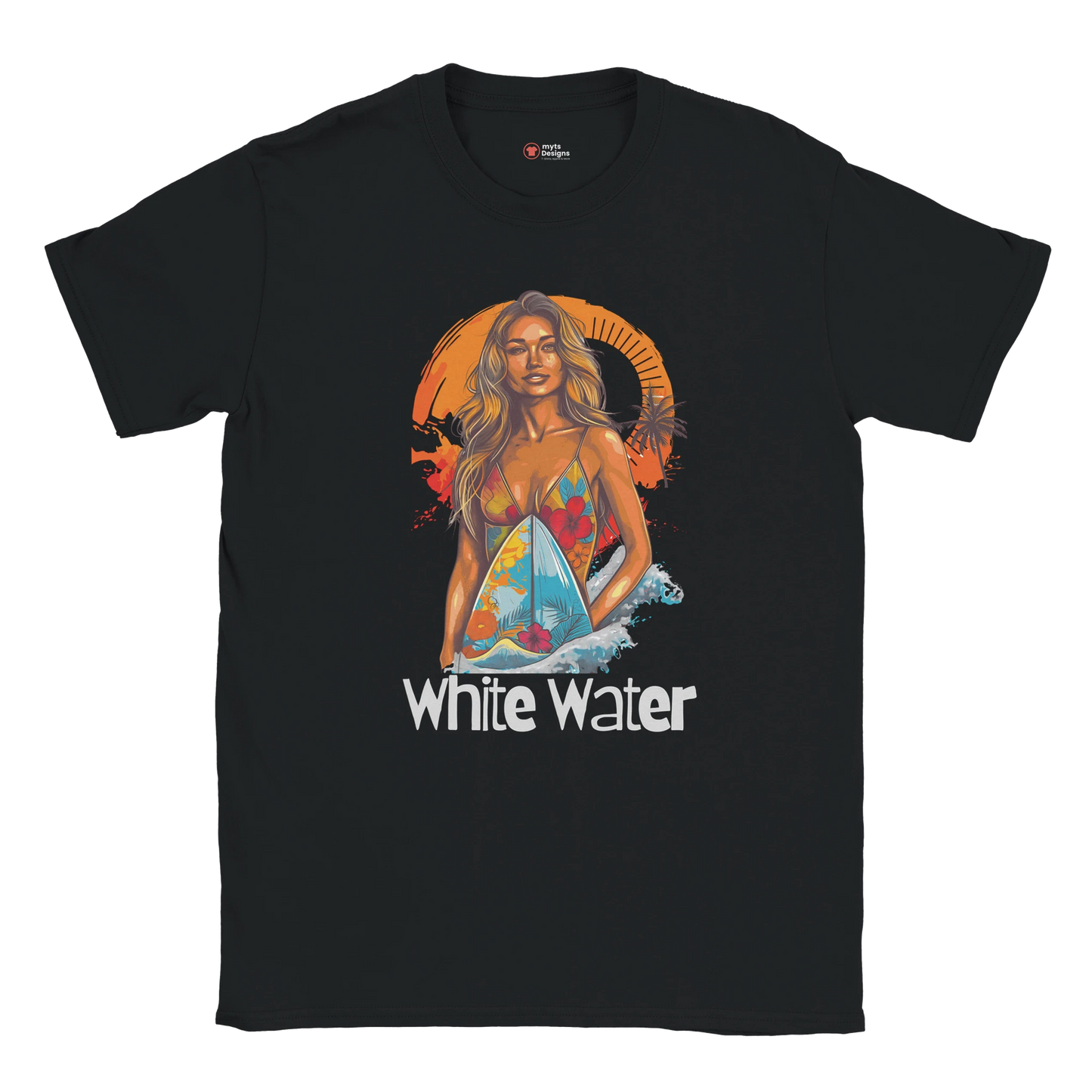 Black t-shirt with a graphic of a woman on a surfboard and 'White Water' text.