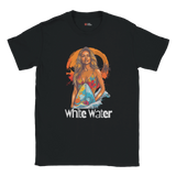 Black t-shirt with a graphic of a woman on a surfboard and 'White Water' text.
