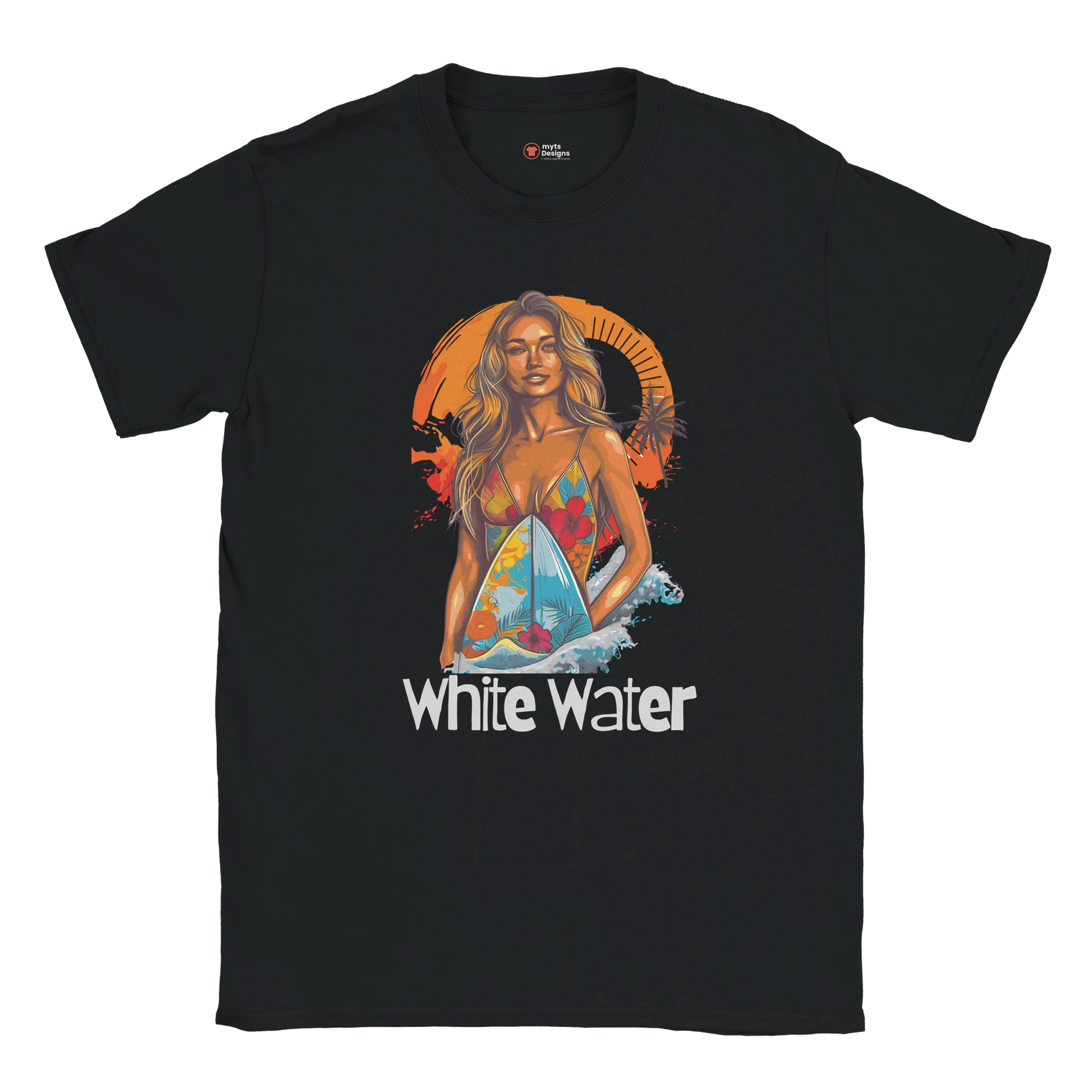 Black t-shirt with a graphic of a woman on a surfboard and 'White Water' text.