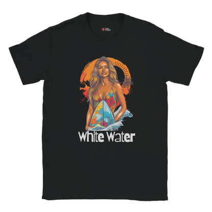 Black t-shirt with a graphic of a woman on a surfboard and 'White Water' text.