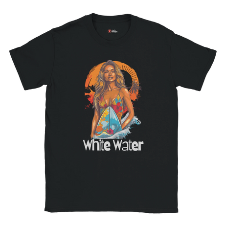 Black t-shirt with a graphic of a woman on a surfboard and 'White Water' text.