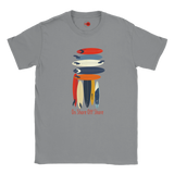 Gray t-shirt with colorful surfboard graphic and text on a white background