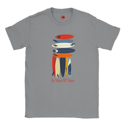 Gray t-shirt with colorful surfboard graphic and text on a white background