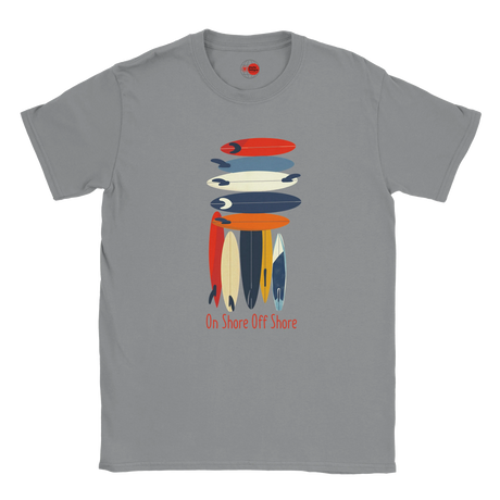 Gray t-shirt with colorful surfboard graphic and text on a white background
