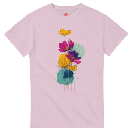 Pink t-shirt with colorful floral design on a white background