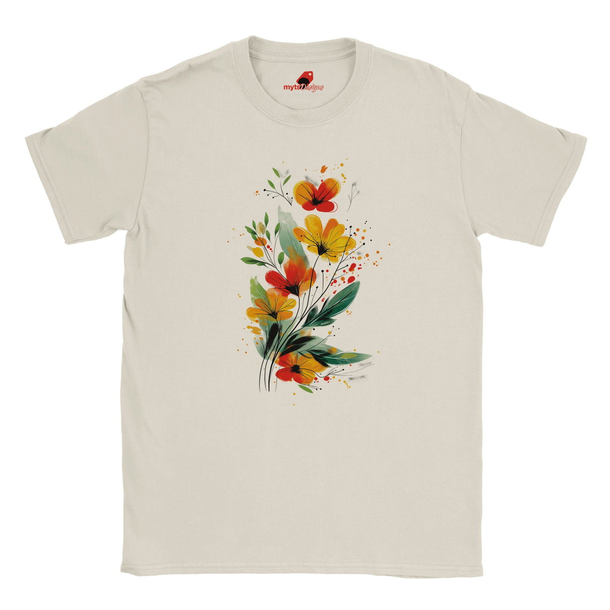“Neutral T-shirt featuring a vibrant wildflower bouquet design in artistic watercolor style with red, yellow, and green tones, exclusive to MytsDesigns.com”