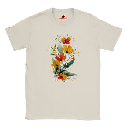 “Neutral T-shirt featuring a vibrant wildflower bouquet design in artistic watercolor style with red, yellow, and green tones, exclusive to MytsDesigns.com”