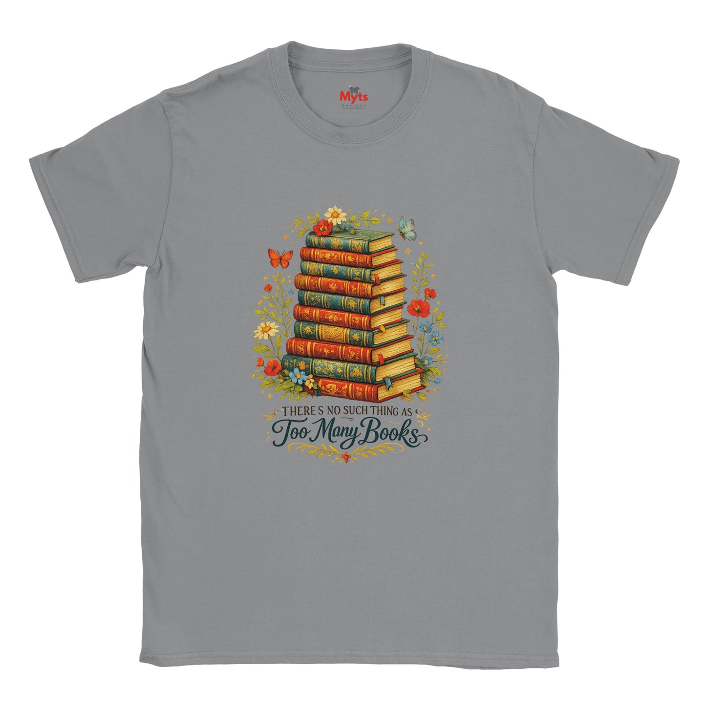Gray t-shirt with a graphic of books and flowers on a white background