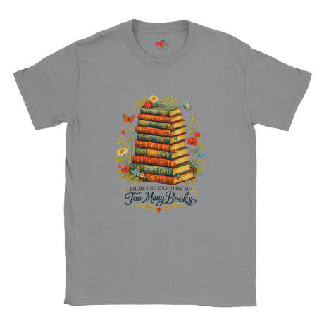 Gray t-shirt with a graphic of books and flowers on a white background