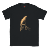 Black t-shirt with a gold abstract design on a white background
