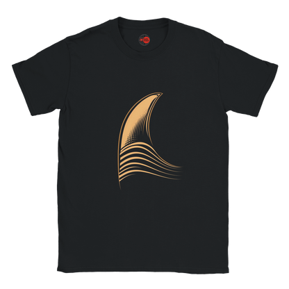 Black t-shirt with a gold abstract design on a white background