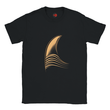 Black t-shirt with a gold abstract design on a white background