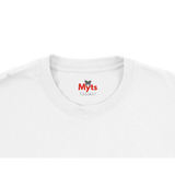 Close-up of a white t-shirt with 'Myts' logo on a white background