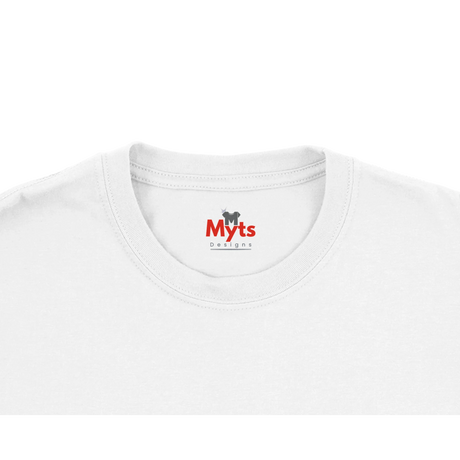 Close-up of a white t-shirt with 'Myts' logo on a white background