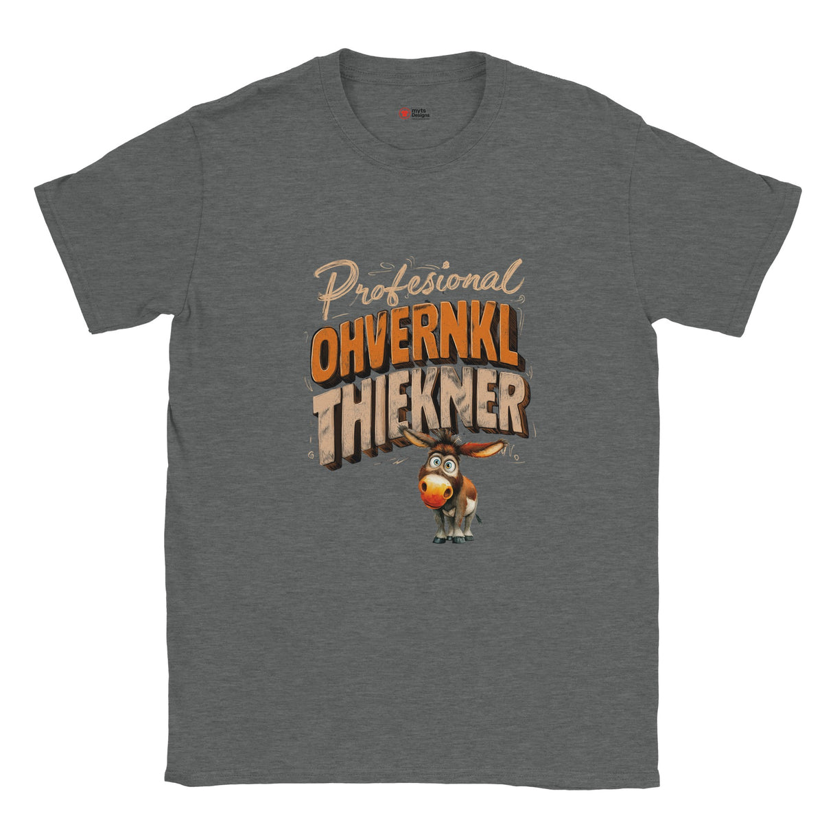 Gray t-shirt with a cartoon donkey and text on a white background