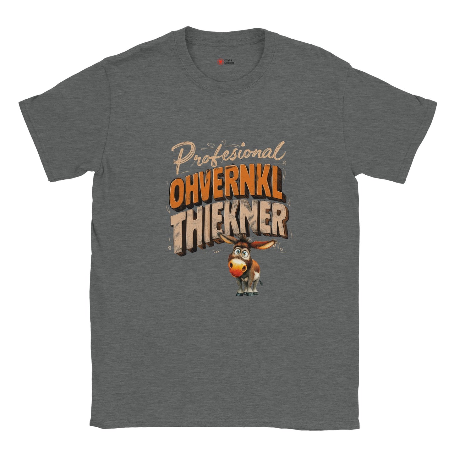 Gray t-shirt with a cartoon donkey and text on a white background
