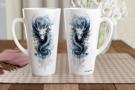 White latte coffee mug featuring a mystical blue and grey watercolour dragon with flowing ink-style details.