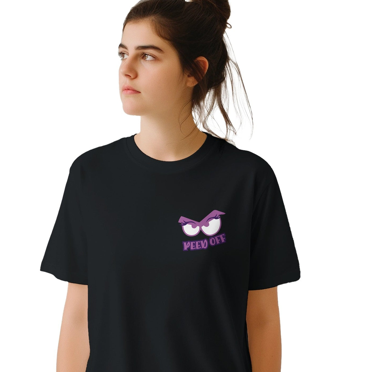 Person wearing a black t-shirt with a graphic design and text on a white background