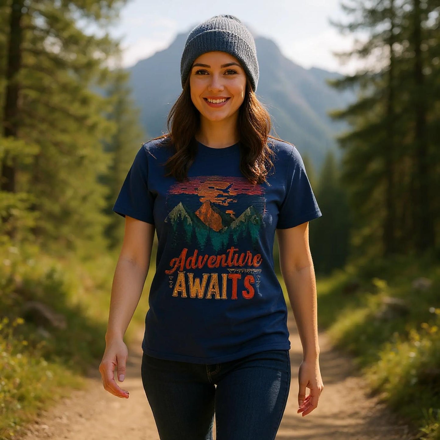 Woman wearing an 'Adventure Awaits' t-shirt in a forest setting