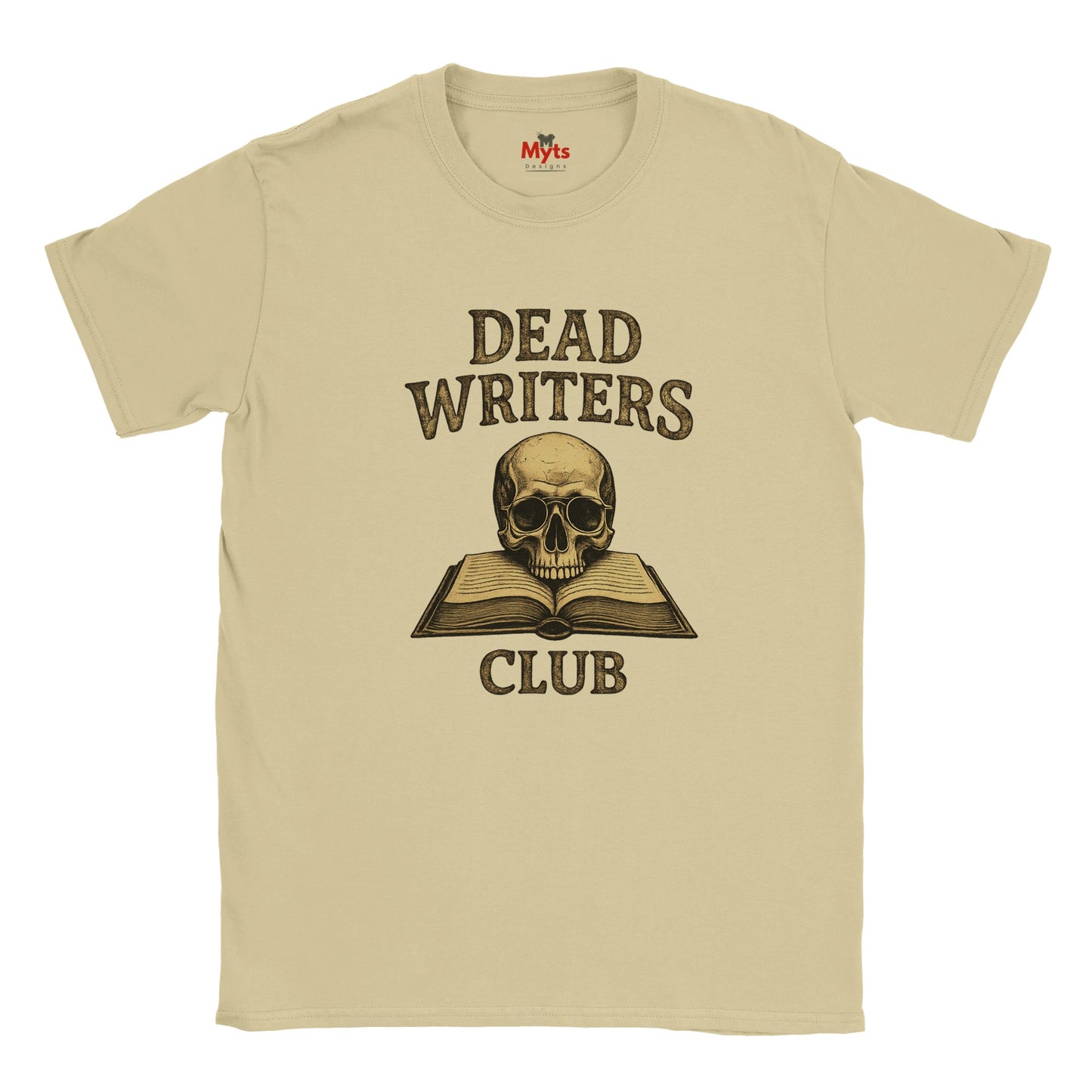 Sand t-shirt with a skull and book graphic and 'Dead Writers Club' text on a white background