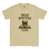 Sand t-shirt with a skull and book graphic and 'Dead Writers Club' text on a white background