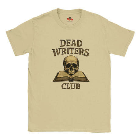 Sand t-shirt with a skull and book graphic and 'Dead Writers Club' text on a white background