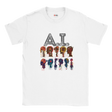 White t-shirt with 'A.I.' and robot graphic design on a white background