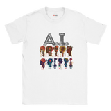 White t-shirt with 'A.I.' and robot graphic design on a white background