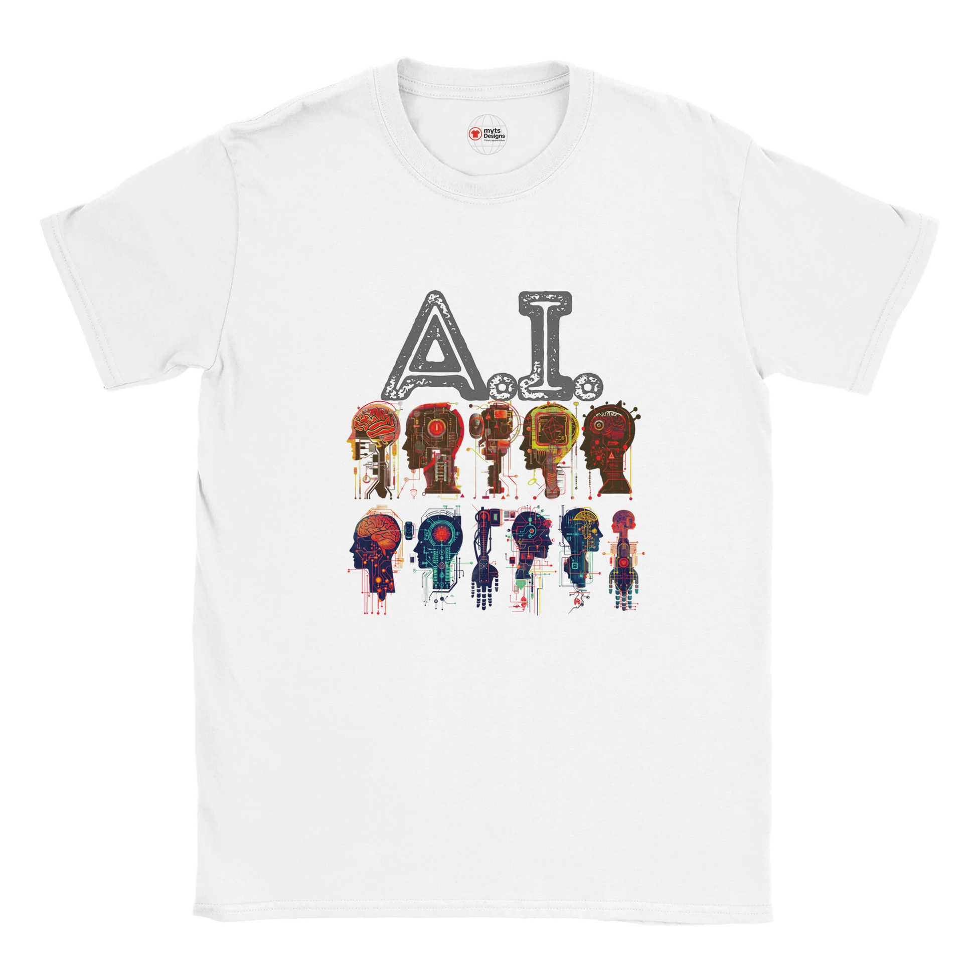 White t-shirt with 'A.I.' and robot graphic design on a white background