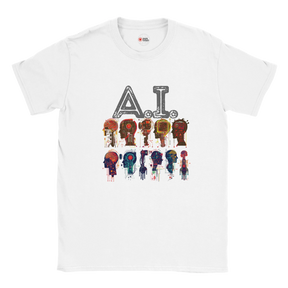 White t-shirt with 'A.I.' and robot graphic design on a white background