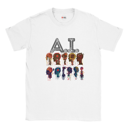 White t-shirt with 'A.I.' and robot graphic design on a white background