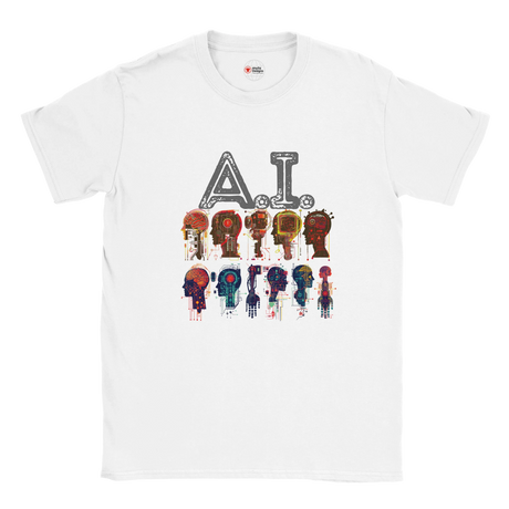 White t-shirt with 'A.I.' and robot graphic design on a white background