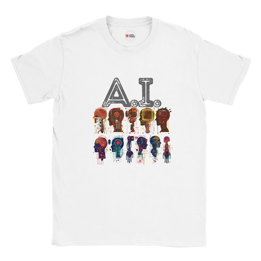 White t-shirt with 'A.I.' and robot graphic design on a white background