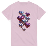 Pink t-shirt with colorful heart-shaped balloons design on a white background