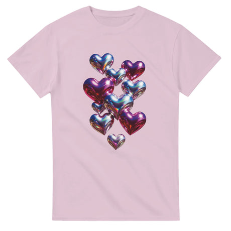 Pink t-shirt with colorful heart-shaped balloons design on a white background