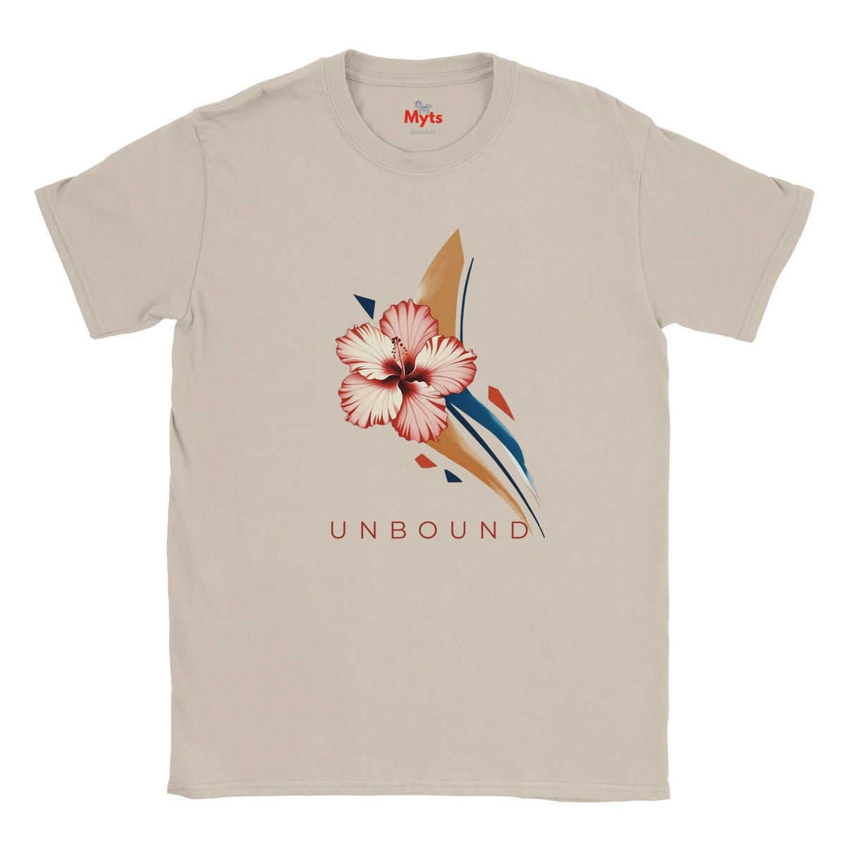 Natural cream-coloured UNBOUND floral graphic T-shirt featuring a soft pink hibiscus and contemporary botanical artwork.
