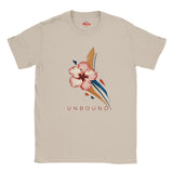 Natural cream-coloured UNBOUND floral graphic T-shirt featuring a soft pink hibiscus and contemporary botanical artwork.