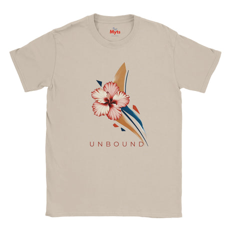 Natural cream-coloured UNBOUND floral graphic T-shirt featuring a soft pink hibiscus and contemporary botanical artwork.