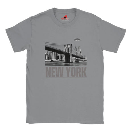 Sports Grey soft casual tee showing the New York City skyline with a stylized spaceship graphic soaring above, printed on ultra-soft Gildan 64000 cotton.