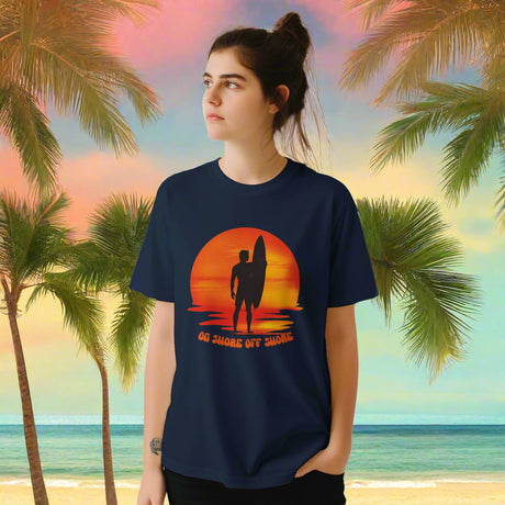 Navy T shirt with sunset surf design worn by a woman