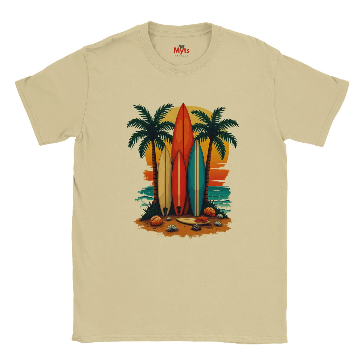 Sand t-shirt with a tropical design featuring surfboards and palm trees on a white background.