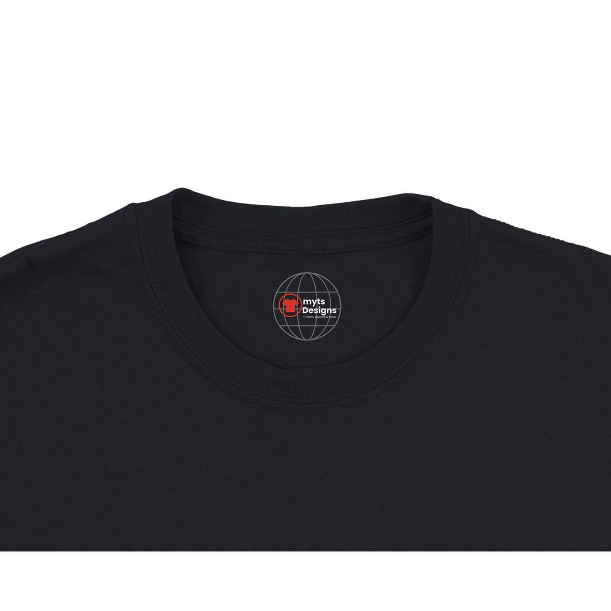 Black t-shirt with a logo on the collar against a white background