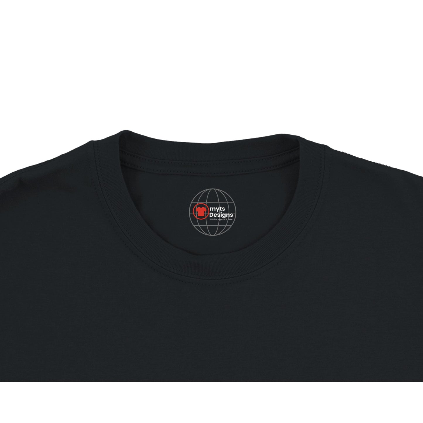 Black t-shirt with a logo on the collar against a white background