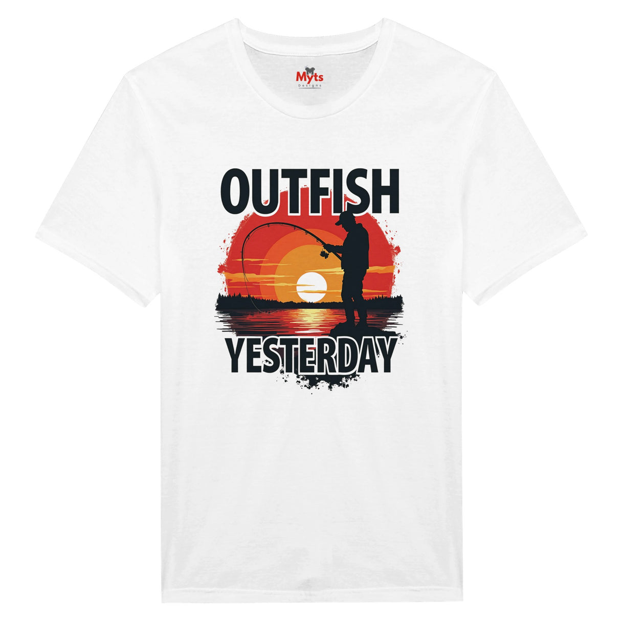 White t-shirt with fishing graphic and text 'Outfish Yesterday' on a white background
